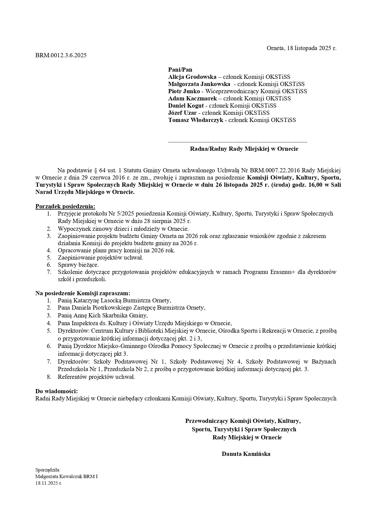 Zaproszenie na Komisję Oświaty